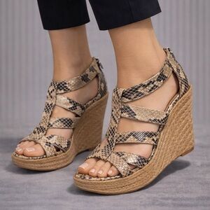 Calvin Klein Snakeskin-Print Tan Espadrille Wedge Sandals